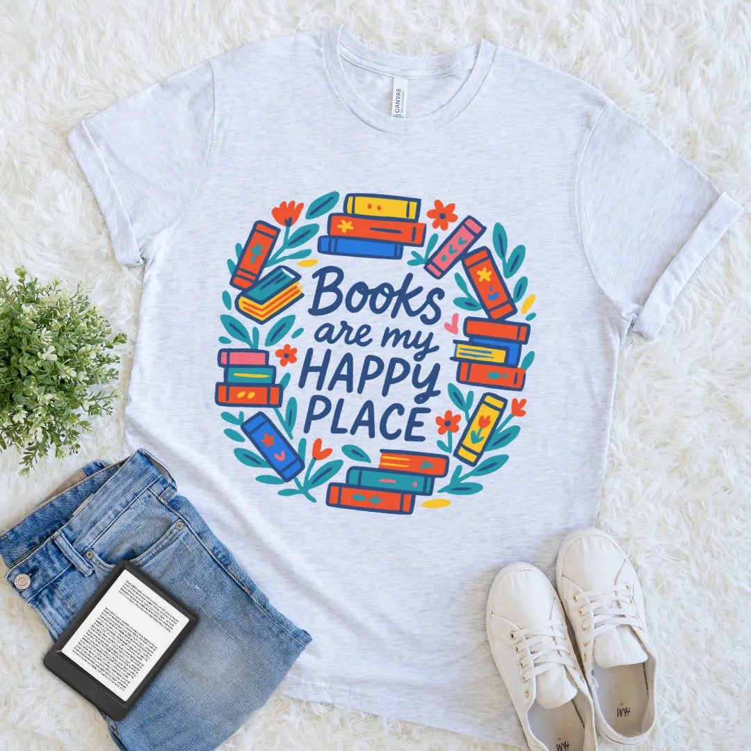 Bright grey book-themed shirt with hand-drawn floral design