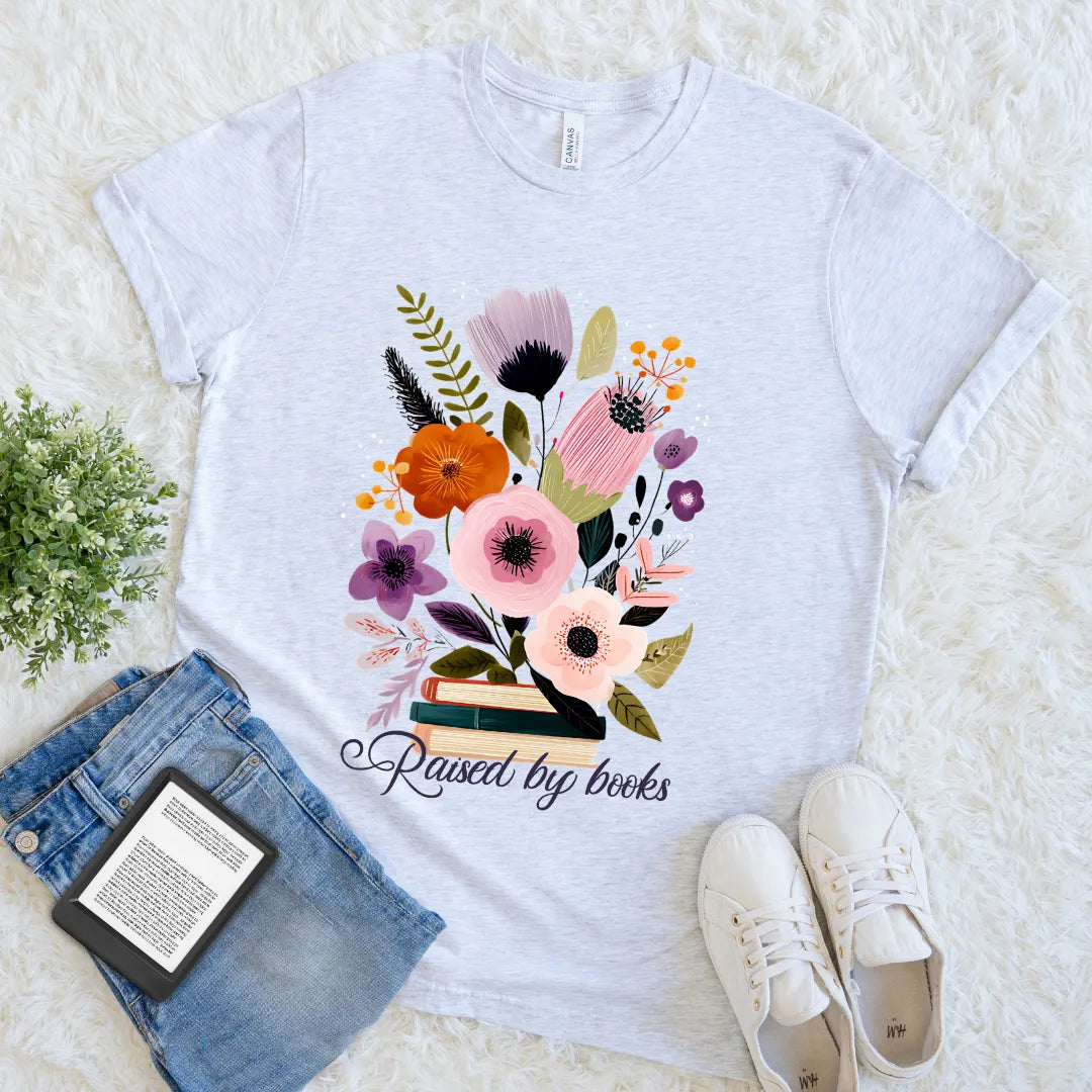Book lover tee with vintage-style floral illustration in ash grey