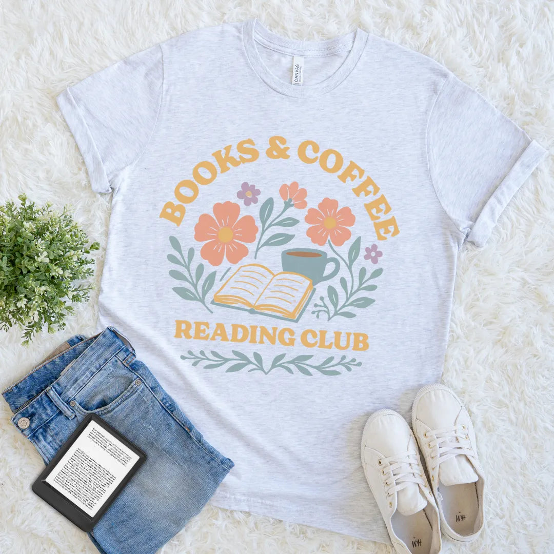 floral reading shirt with coffee and book