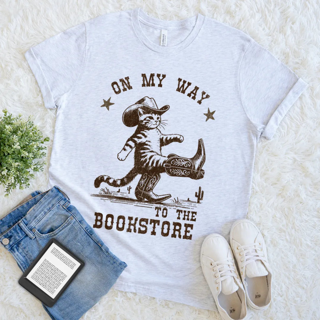wild west book lover t-shirt with cat in boots