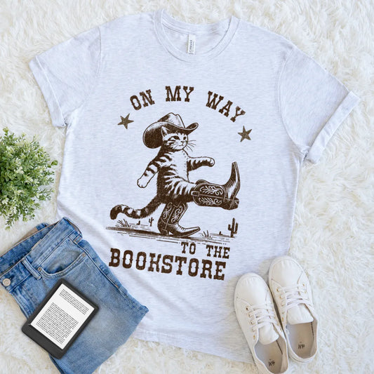 Vintage-style reader shirt with Western kitten in boots