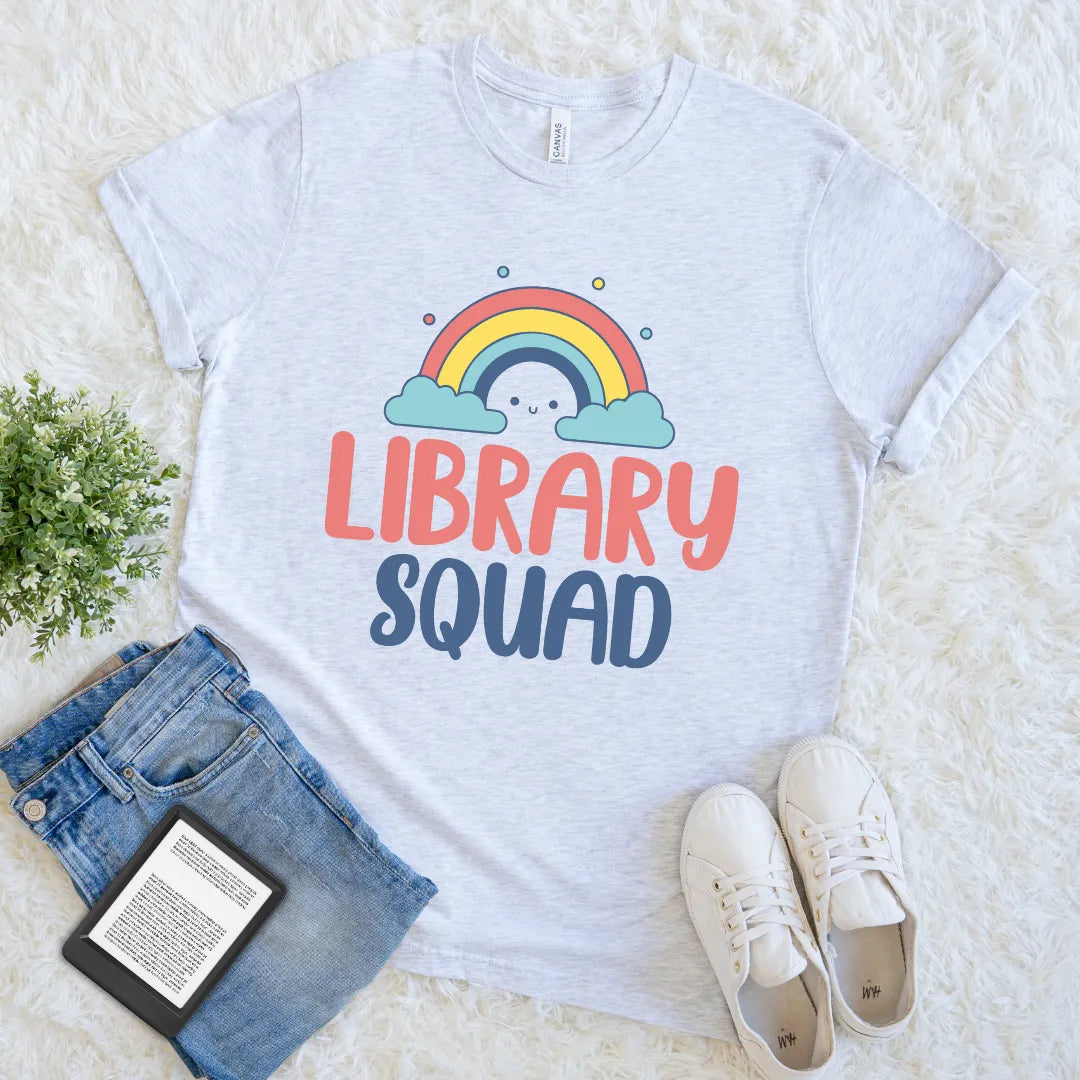 Library-themed T-shirt with playful design and typography