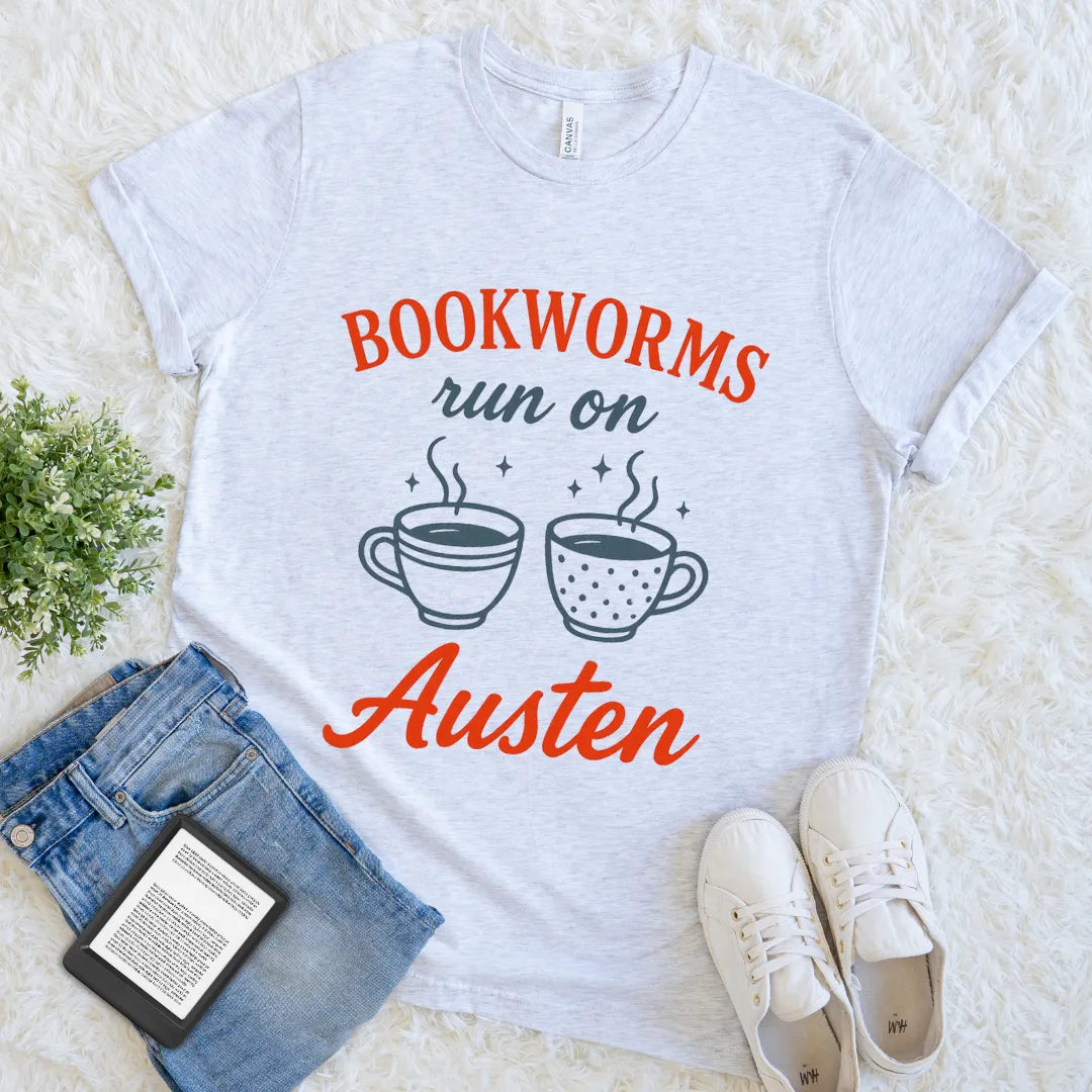 Literary-themed grey shirt with coffee cups and bold Austen lettering