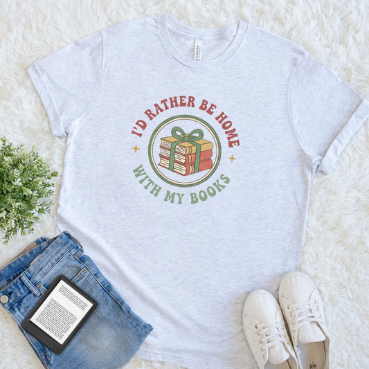 Holiday introvert shirt with stack of books and ribbon in ash grey