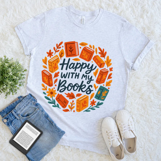Cozy fall-themed book lover tee in warm seasonal colors