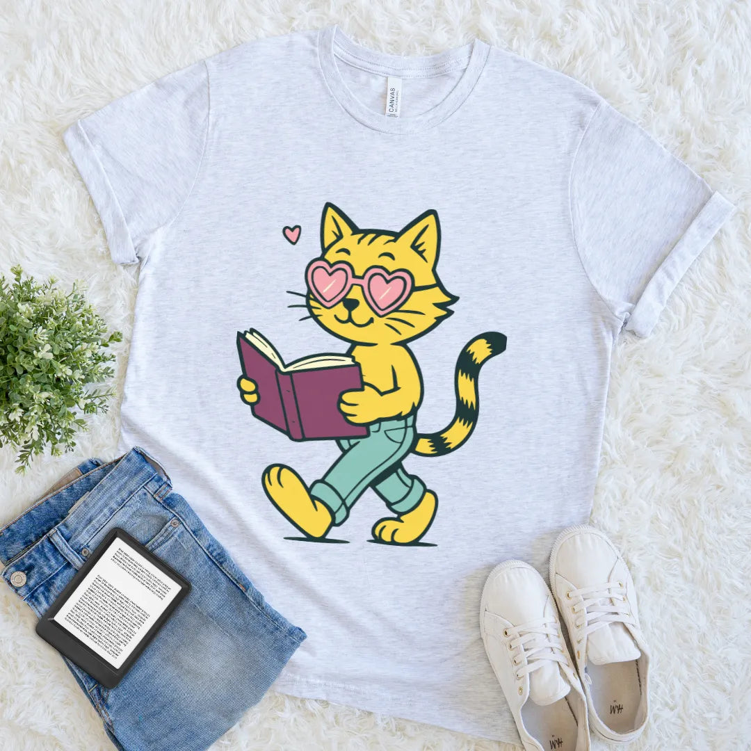 Cute bookish cat shirt with cartoon design in ash grey