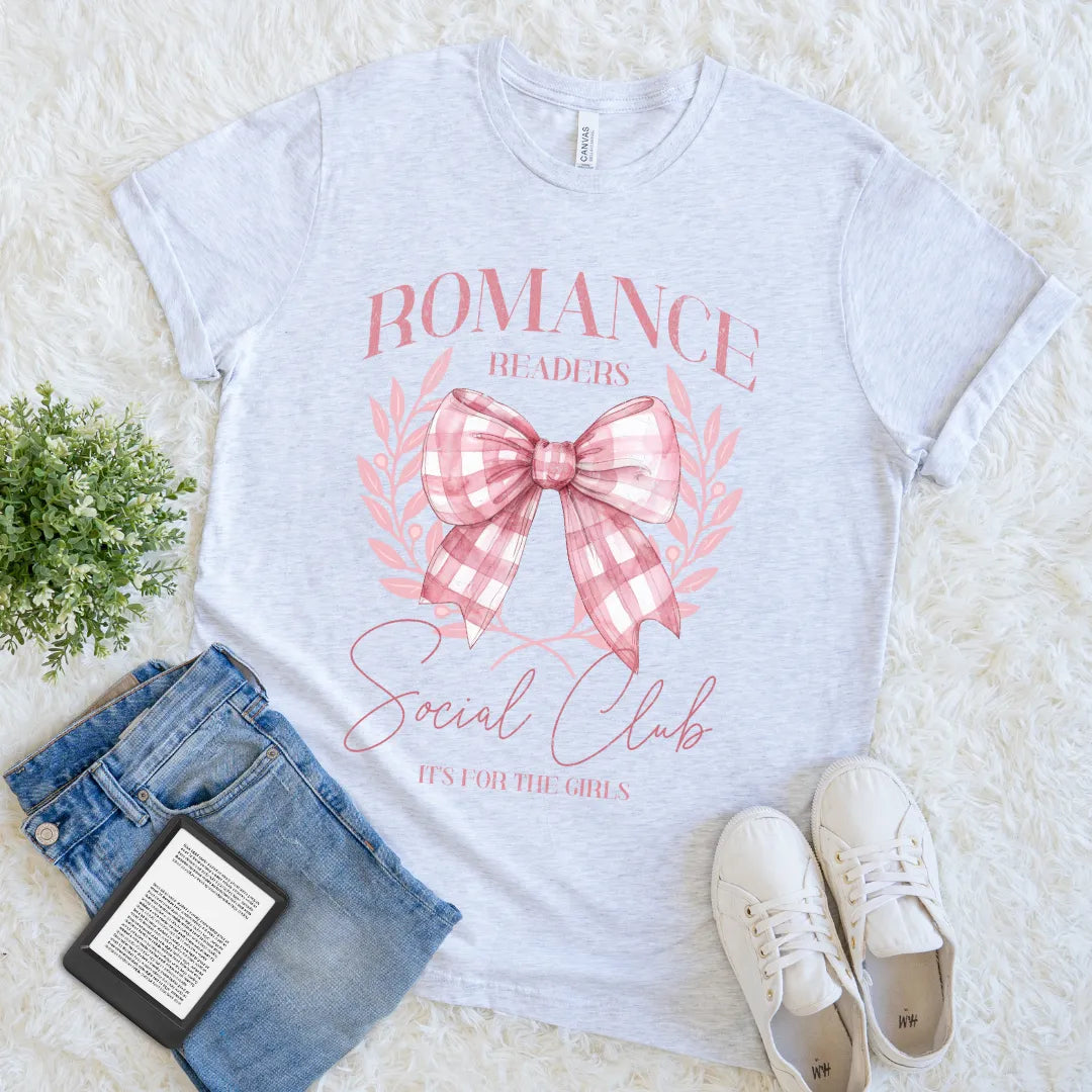 feminine bookish shirt with checkered bow and elegant typography