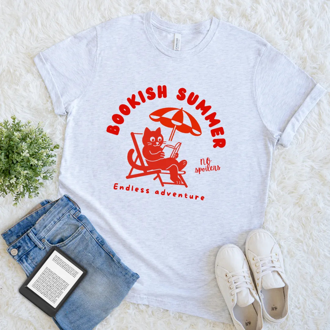 funny book lover vacation t-shirt with umbrella cat design