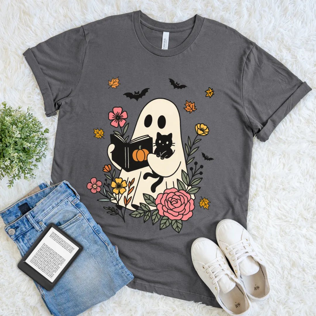 Grey halloween-themed book lover tee with ghost, cat, and autumn leaves