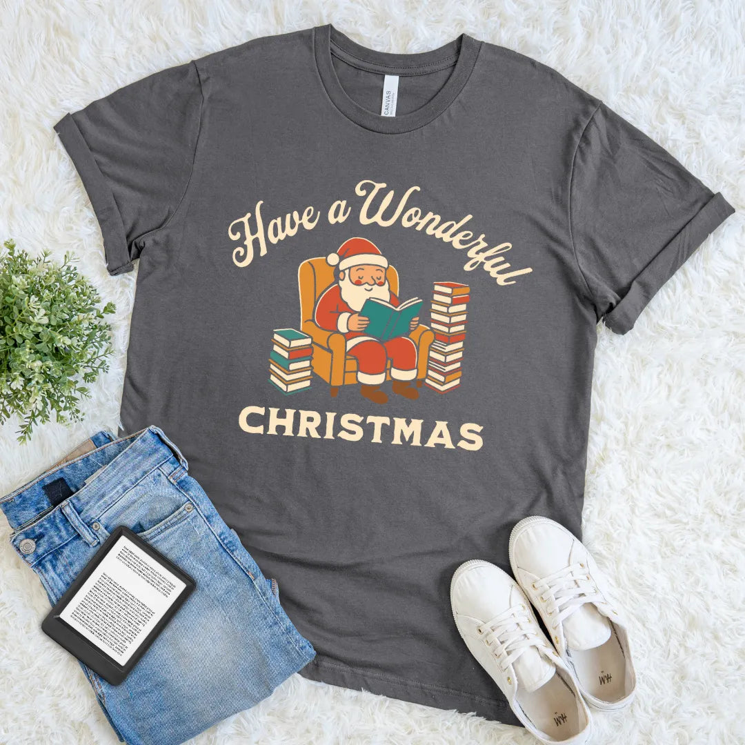 Bookish holiday design featuring Santa in an armchair