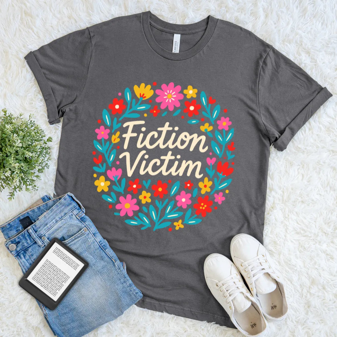 Grey graphic tee for readers with floral design and bookish phrase