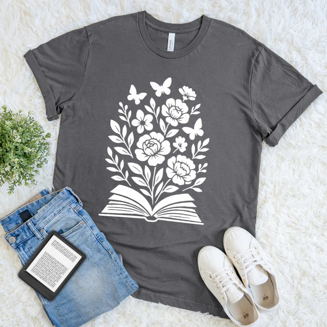 Grey cozy reader T-shirt with book and nature inspired artwork