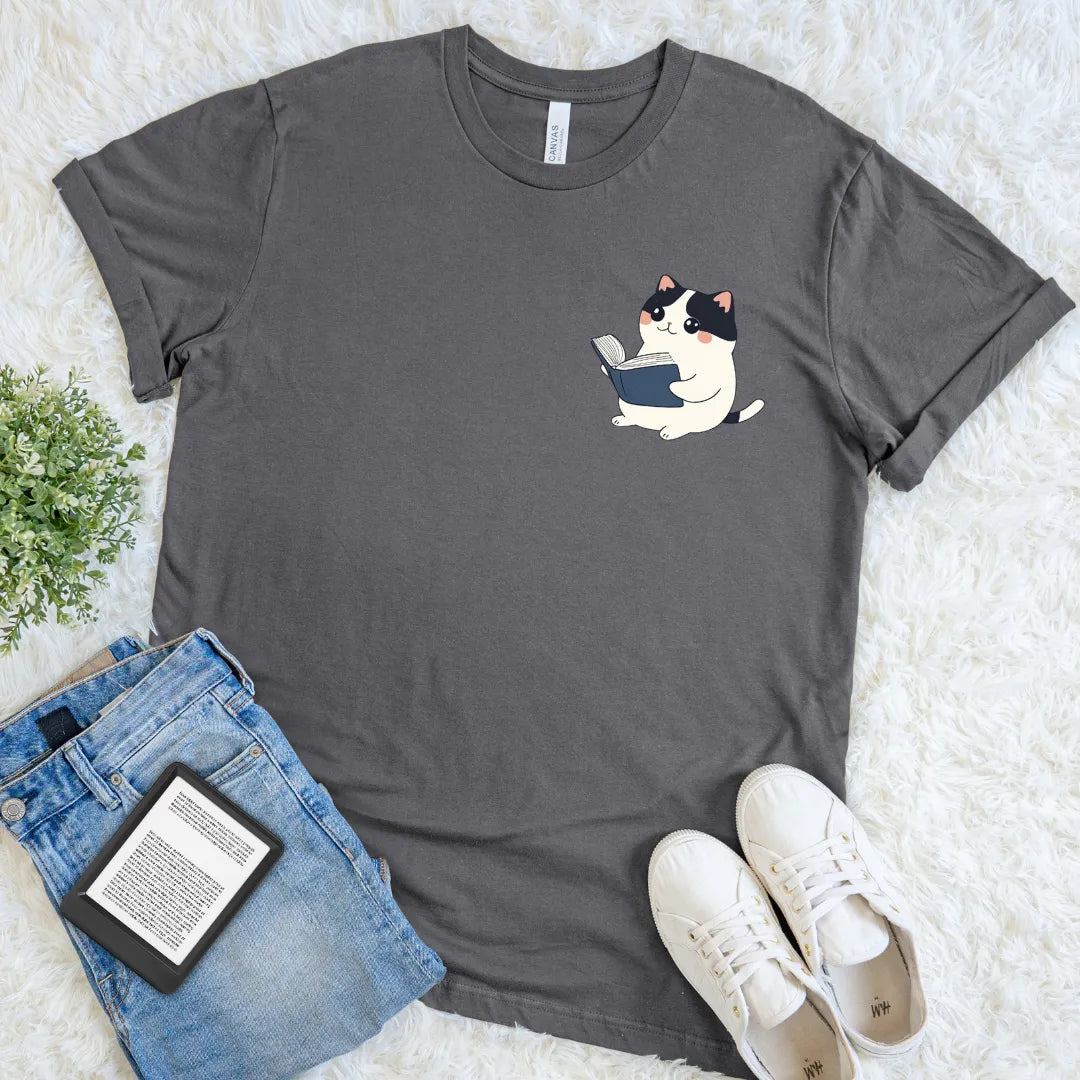 cute pocket cat reading t-shirt