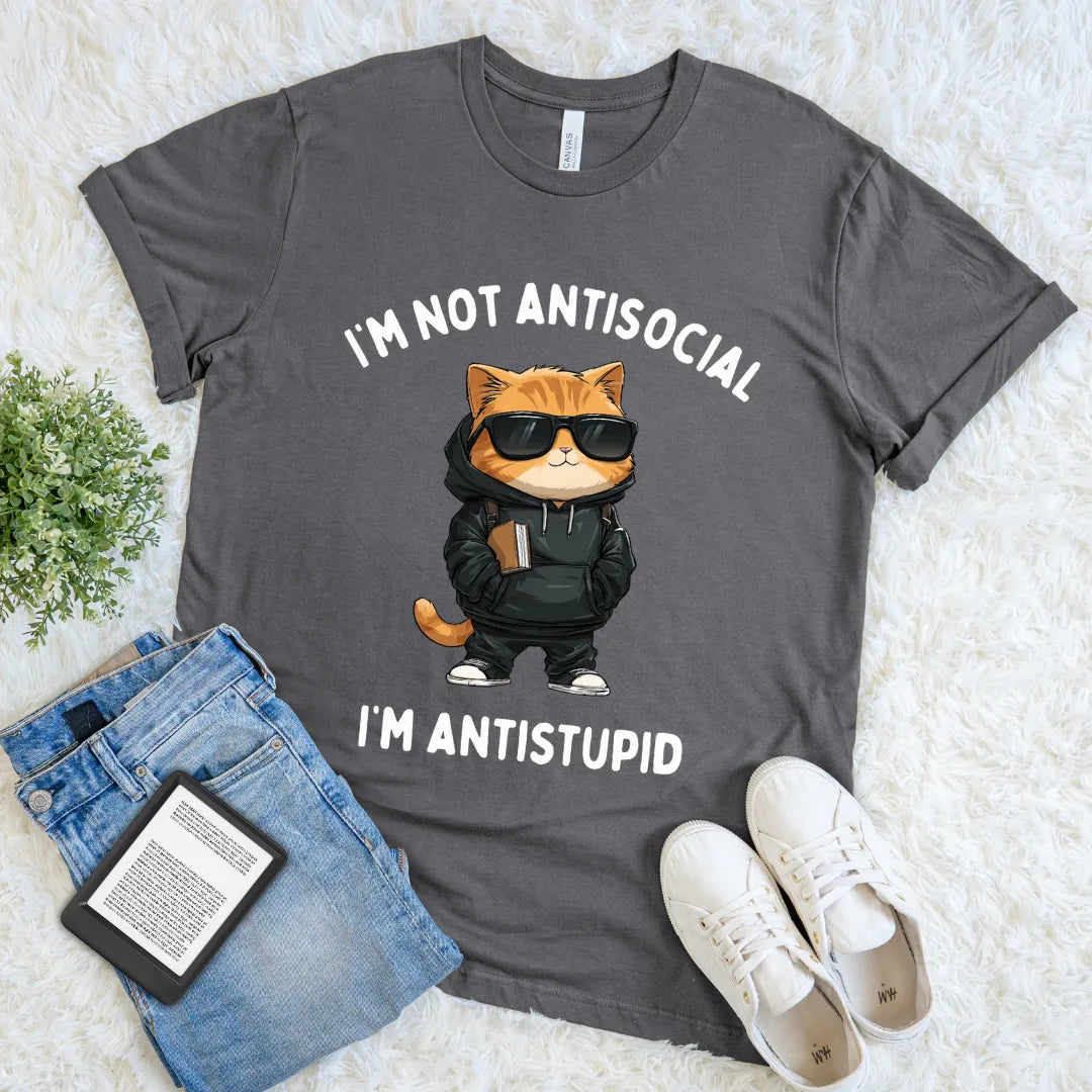 Grey bookish tee featuring sarcastic cat design and antisocial quote