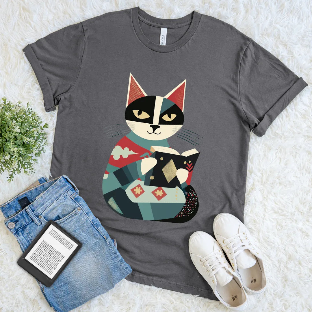 Artistic bookish tee with a fashionable black-and-white cat