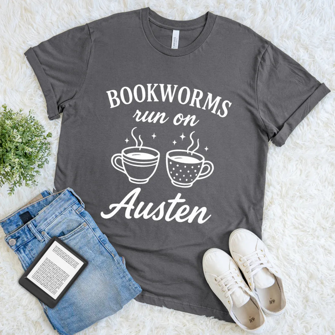 Bookish Jane Austen tee featuring mugs and vintage-style text