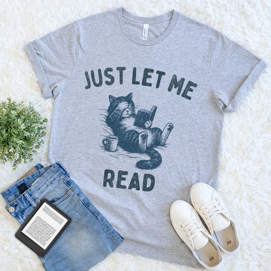 Heather gray T-shirt with lounging cat reading a book and holding a coffee mug