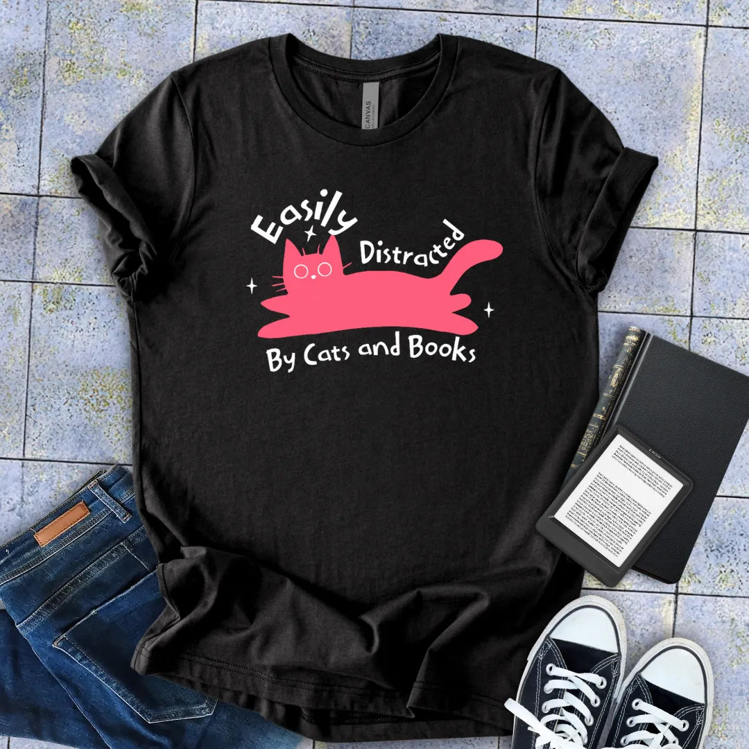 easily distracted by cats and books tee