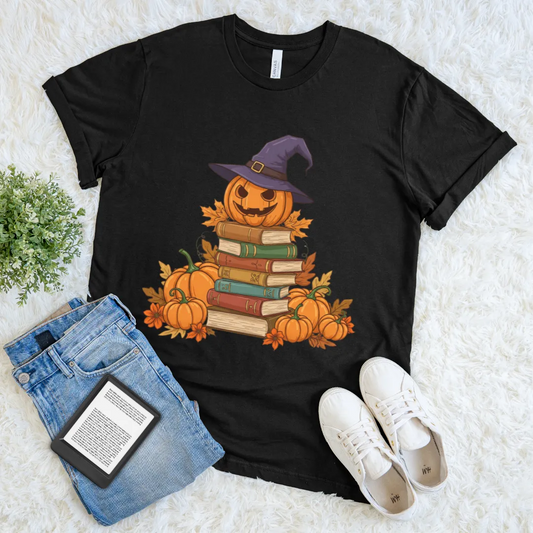 Black spooky season shirt featuring pumpkins and vintage books