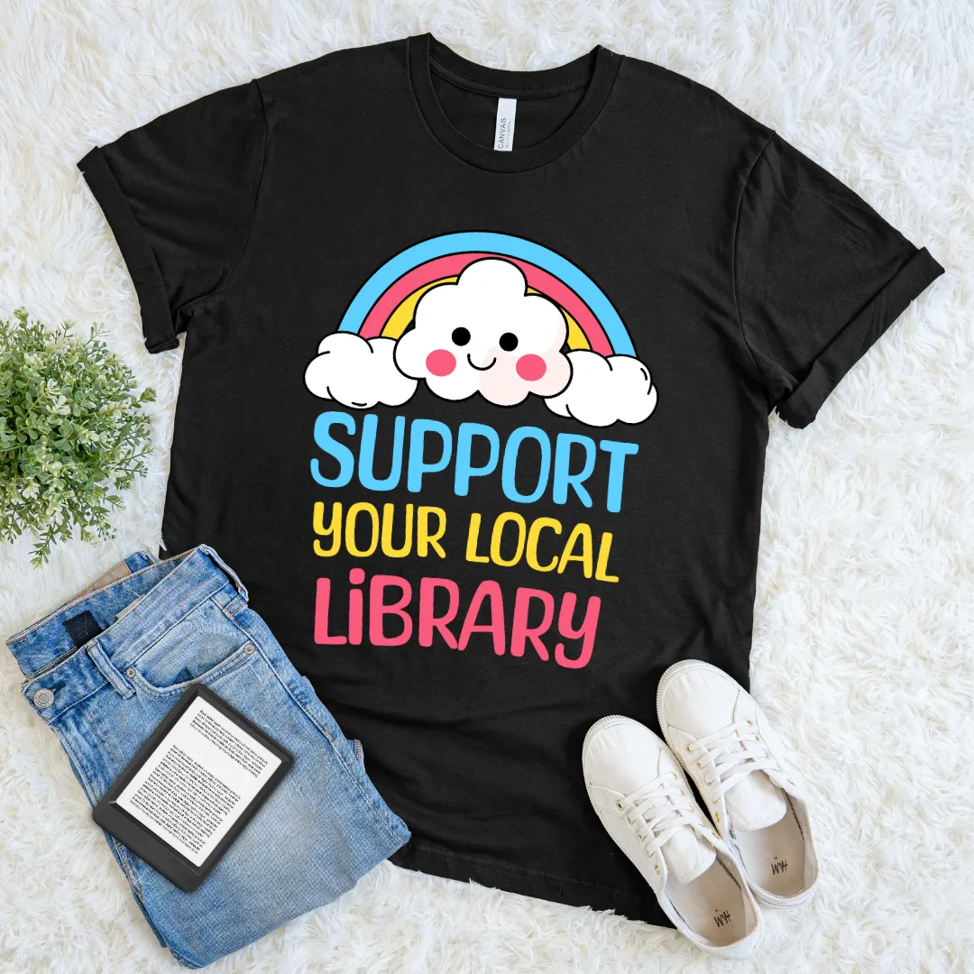 Bold, cheerful design promoting public libraries on black t-shirt