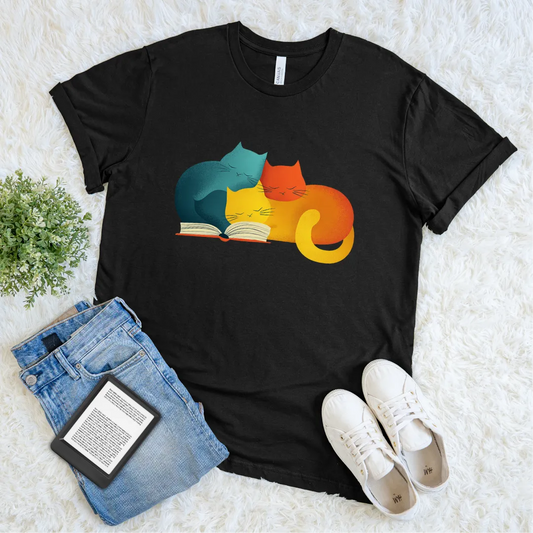 Three cats graphic tee for book lovers and cat fans in black