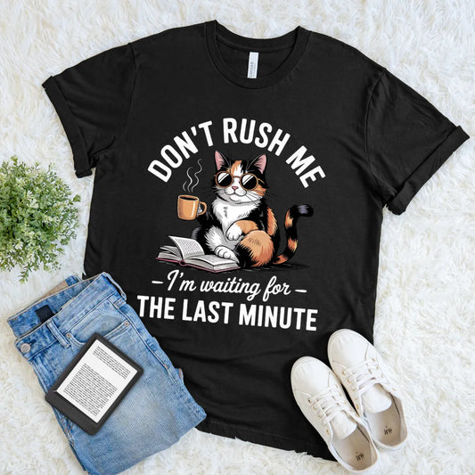 black funny reading t-shirt with cool calico cat reading book and bookish quote