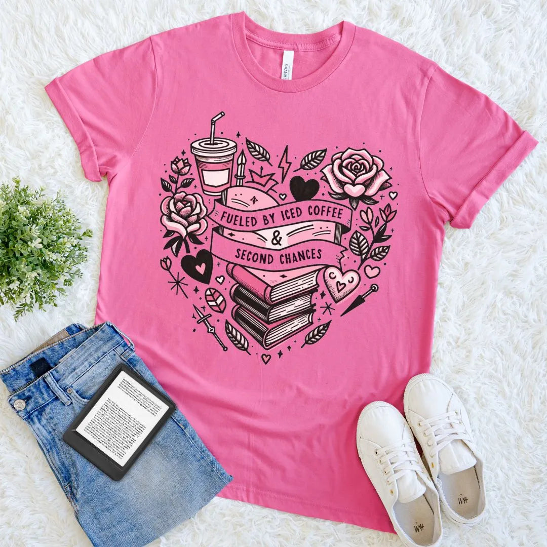 soft book lover t-shirt in bright pink with iced coffee and second chances tattoo theme for romance readers