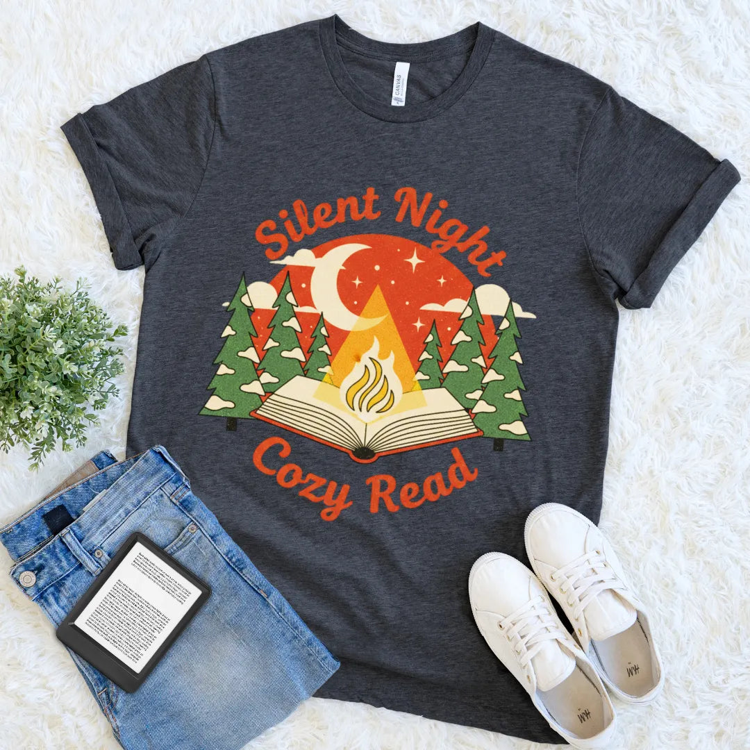 Nighttime reading design with moon, stars, and snowy trees