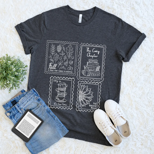Vintage fall aesthetic soft cotton t-shirt for readers and tea lovers featuring cute stamps with stack of books, tea cups, fall leaves, and sunflower