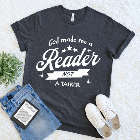 Graphic tee with bold script and banner design for book lovers