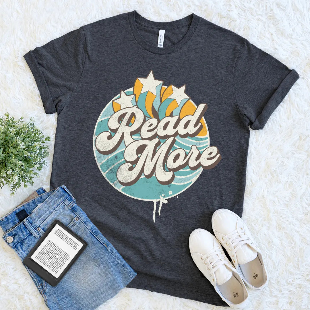 70s style book lover shirt with bold typography