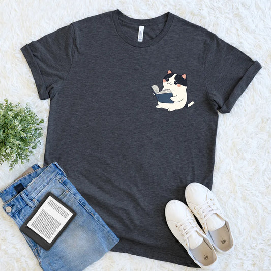 cute pocket bookish calico cat reading t-shirt