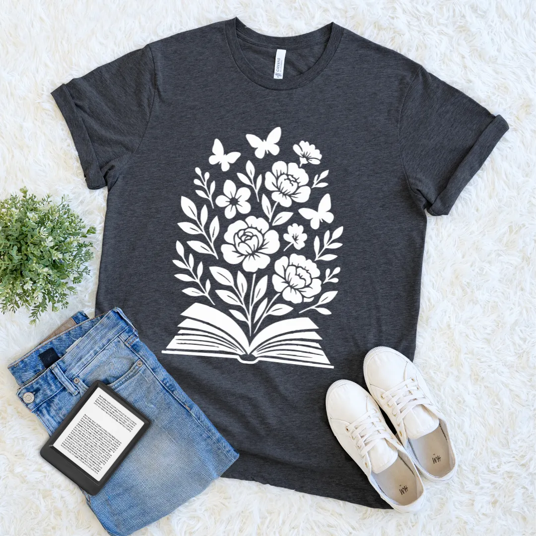 Dark gray T-shirt with open book and floral butterfly design