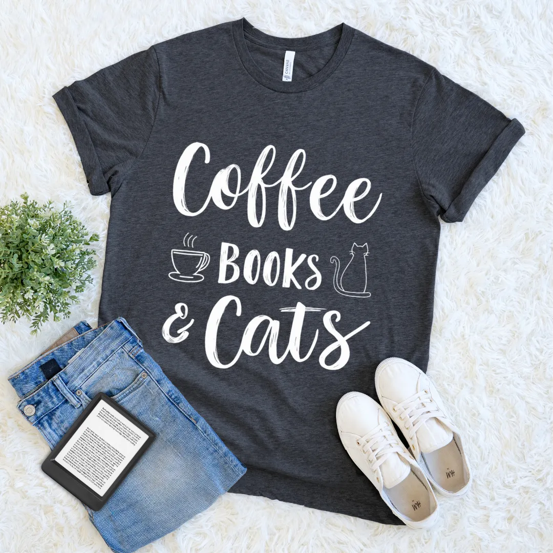 Cozy dark grey heather book lover tee with cat and coffee cup doodle graphics