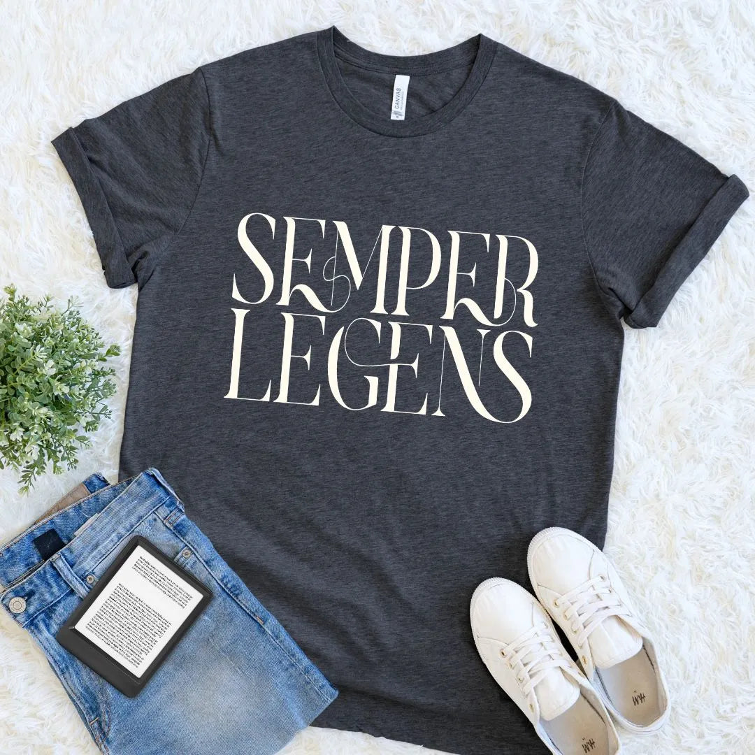 Cozy reader tee with Semper Legens print for bibliophiles and library lovers on dark grey heather fabric