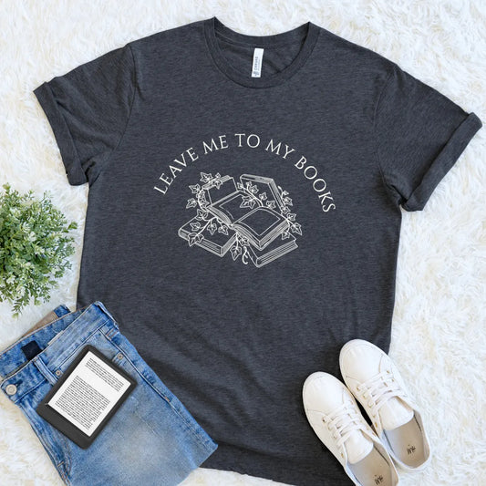 dark grey heather book lover shirt with botanical book illustration flat lay on soft neutral background