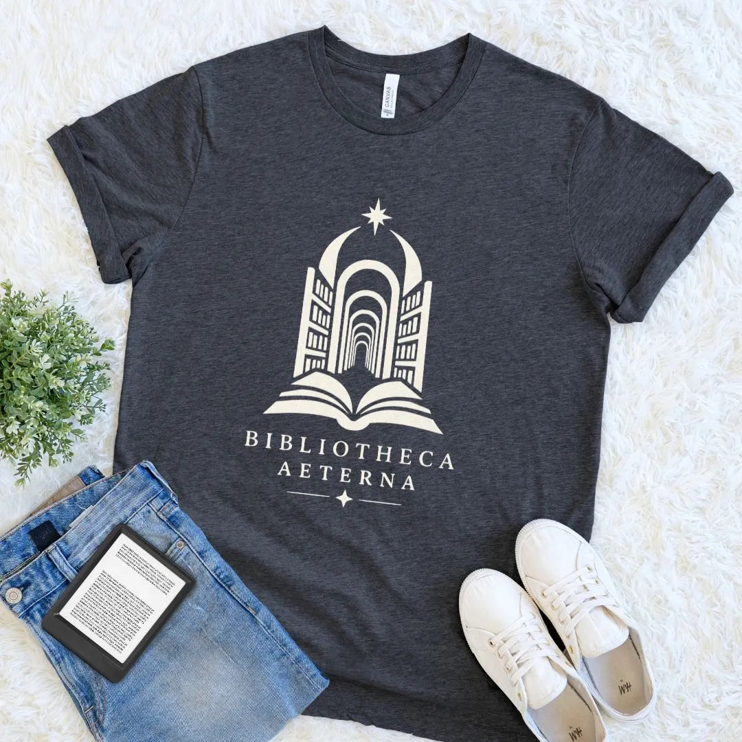 Dark grey heather literary shirt featuring Bibliotheca Aeterna artwork for readers and librarians