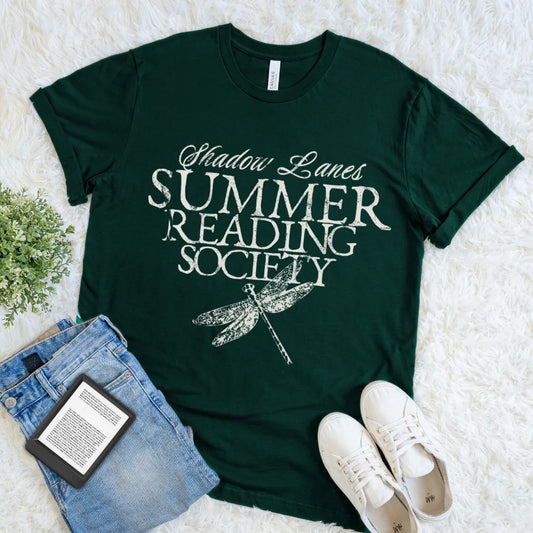 Forest green bookish t-shirt with 'Shadow Lanes Summer Reading Society' text and vintage dragonfly graphic.