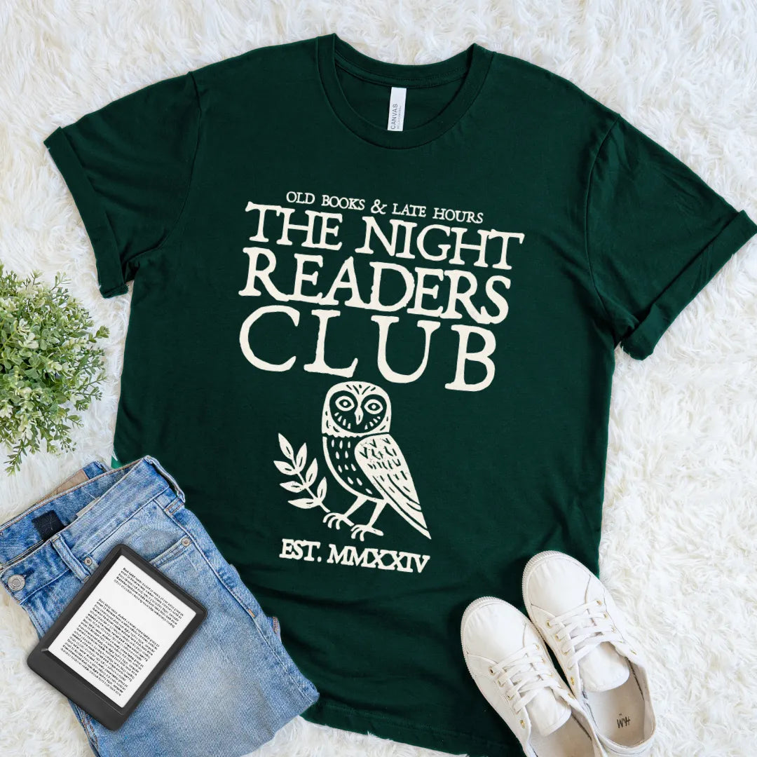 Forest green dark academia T-shirt celebrating old books, quiet nights, and devoted readers