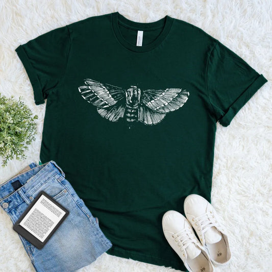 Forest green soft cotton bookish T-shirt with minimalist white moth illustration