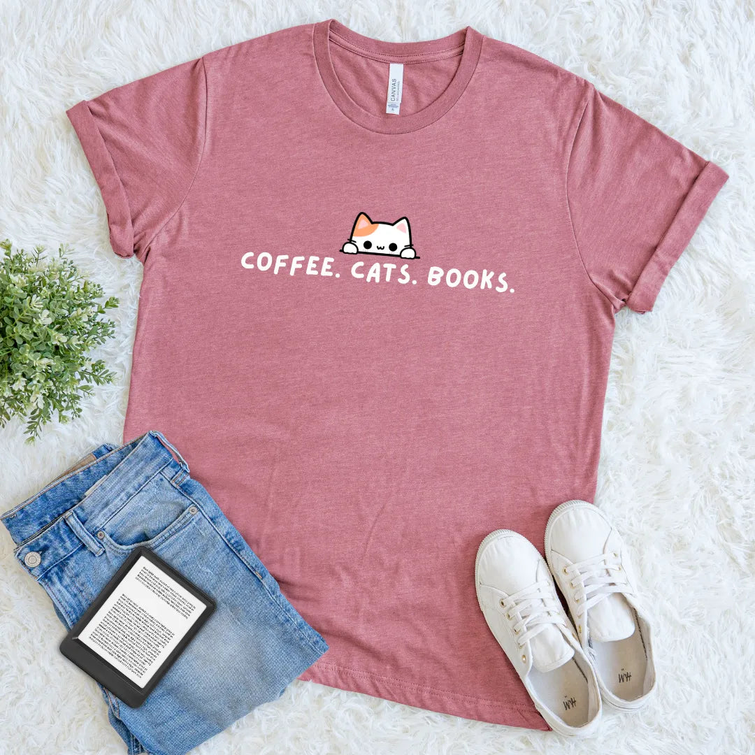 Mauve shirt with coffee cats books slogan for quiet readers