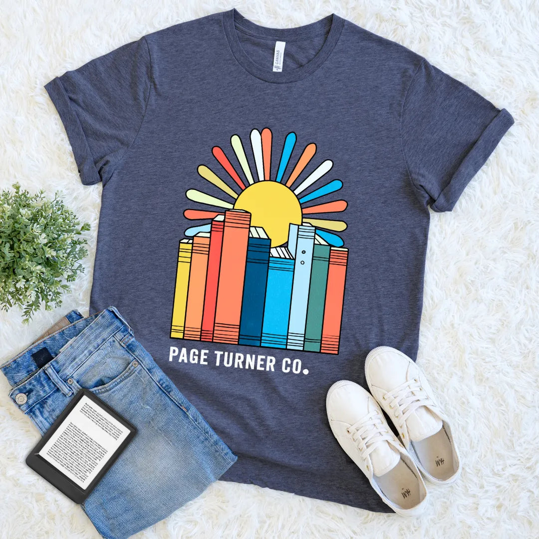 Page Turner Co. design with books and stylized sunshine