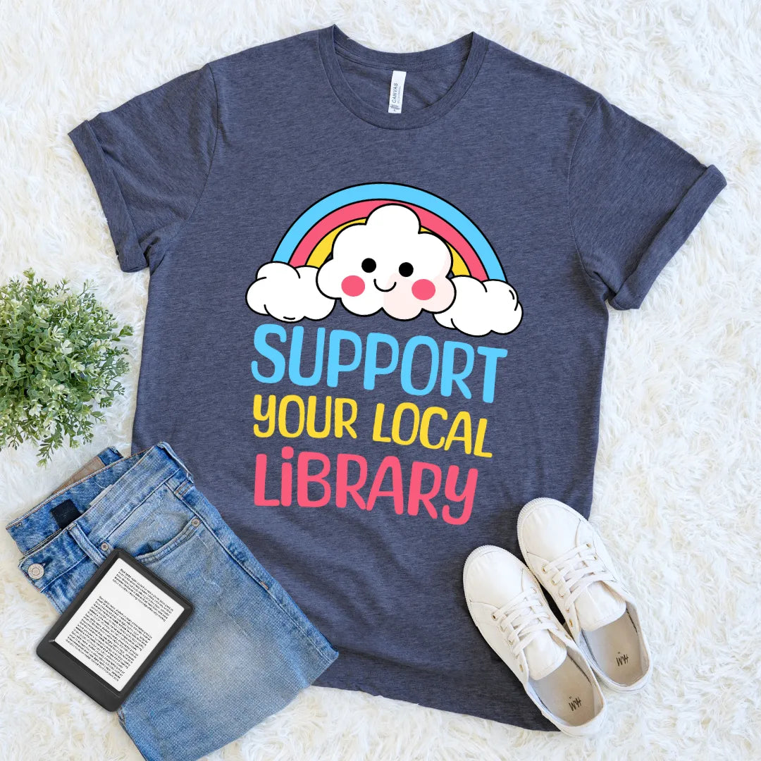 Heather navy bookish tee with bright typography and cute cloud art