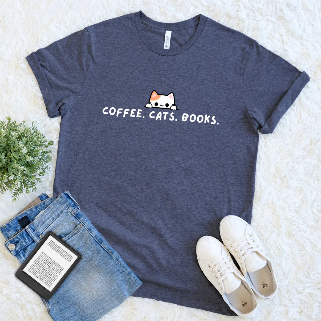 Heather navy bookish shirt for cat lovers and caffeine addicts