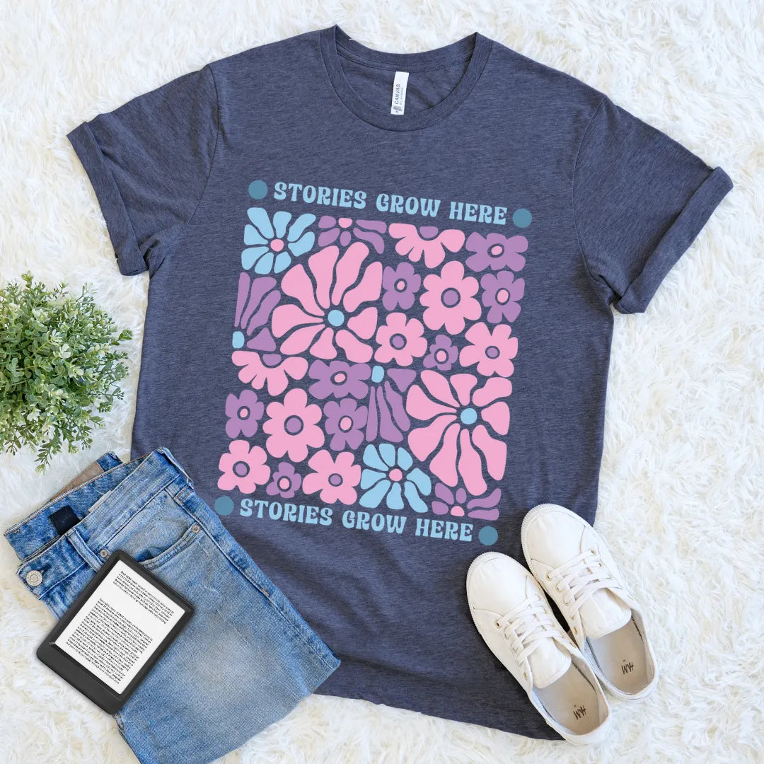 stories grow here reading tee with retro flowers
