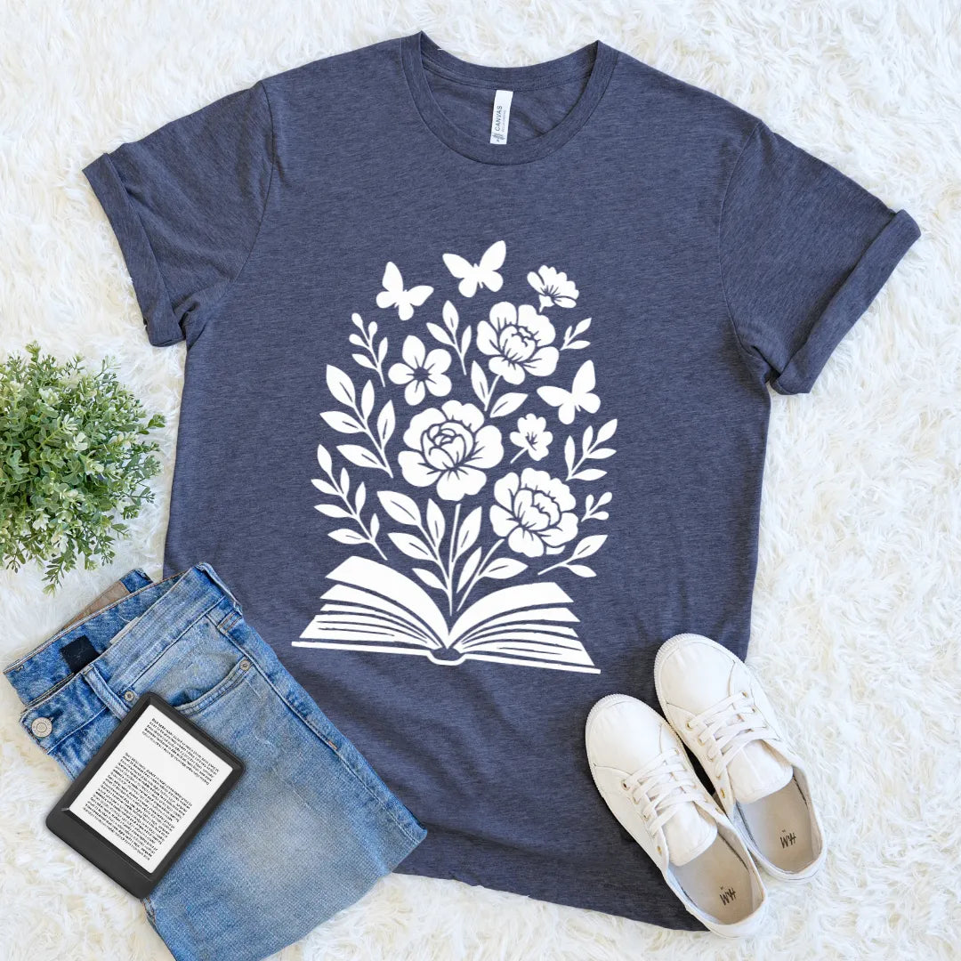 Literary aesthetic shirt with open book floral print in heather blue