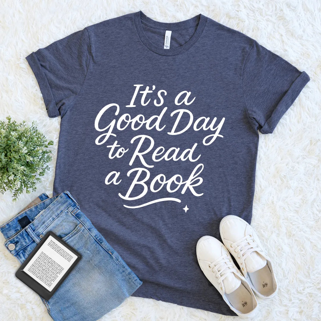 Heather navy unisex reading shirt in dark tone with literary quote design