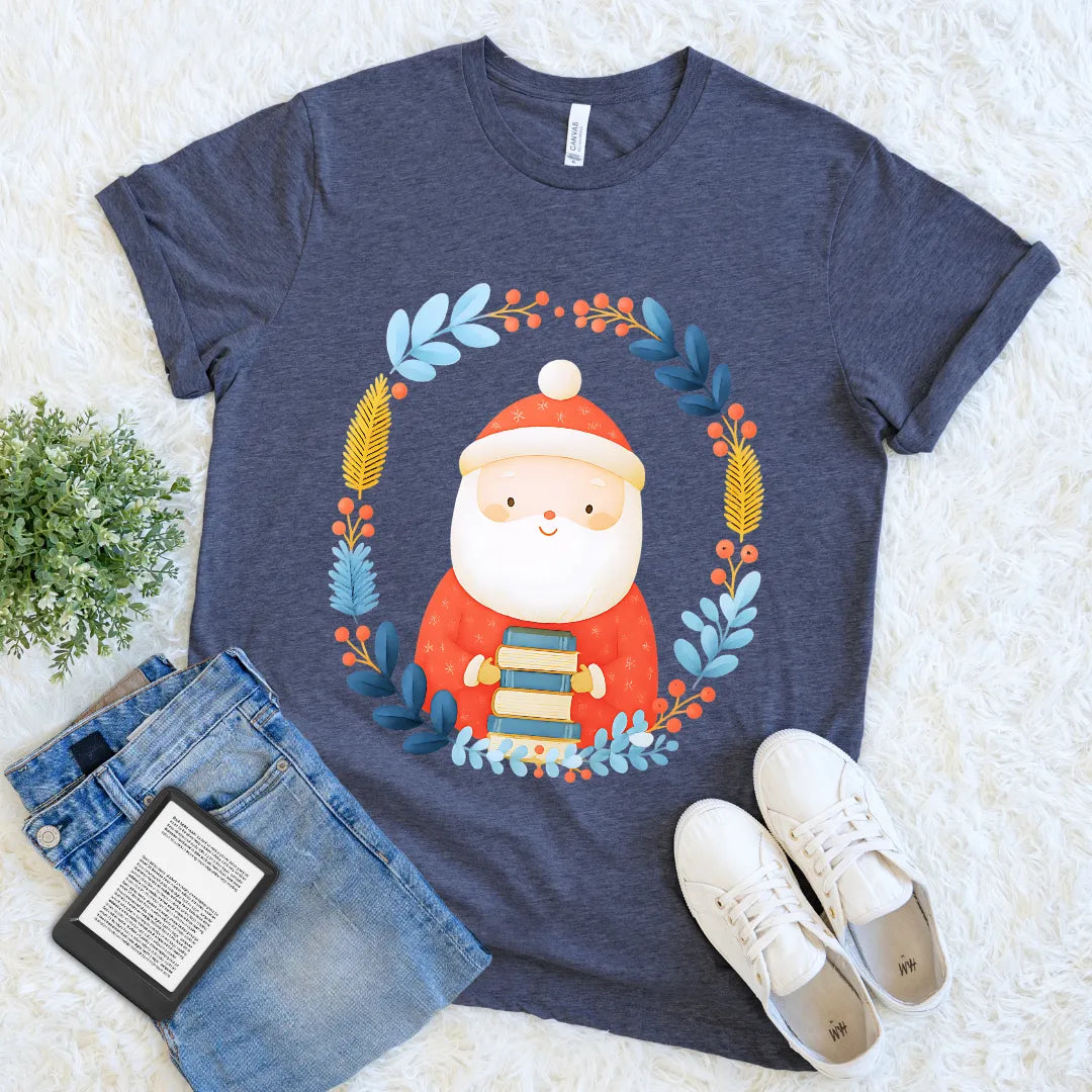 navy t-shirt for readers featuring cute Christmas design with Santa and festive foliage