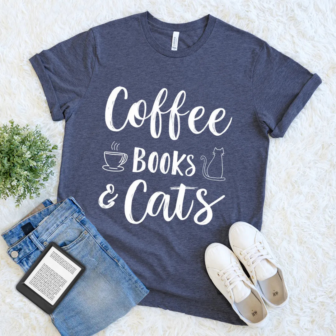 Heather navy graphic shirt for readers who love coffee books and cats