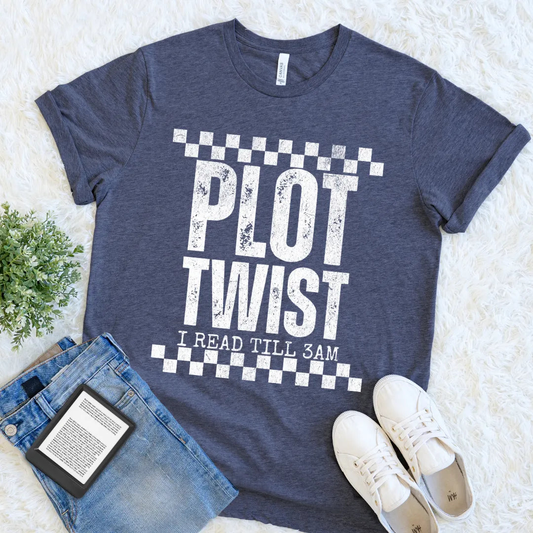 book lover shirt shirt with 'Plot Twist I Read Till 3AM' text on a light background for bookish outfit